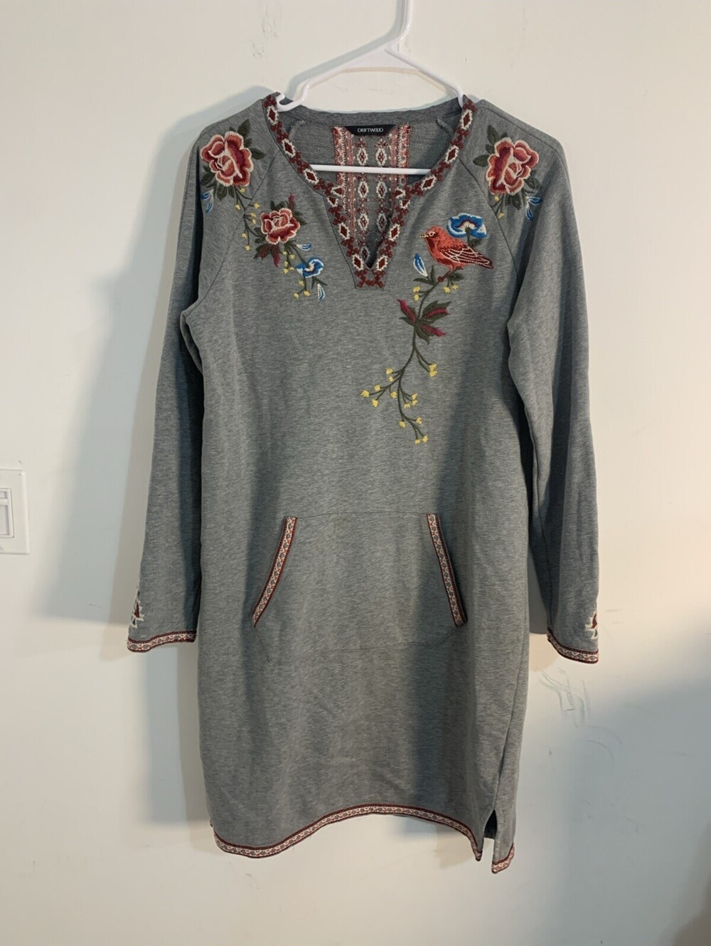 Driftwood Layla Embroidered Tunic Sweatshirt Dress Gray Bird Floral Medium Boho